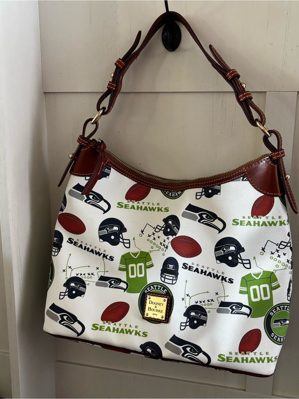 Dooney & Bourke White, Navy, Green & Brown Seattle Seahawks Print Shoulder Bag